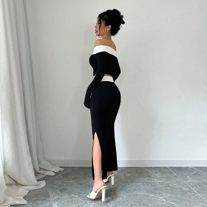 Damen Crop-Top und Maxirock Set mit Off-Shoulder Design Drune