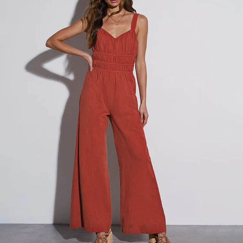 Damen eleganter Jumpsuit mit weitem Bein und gesmoktem Oberteil Drune