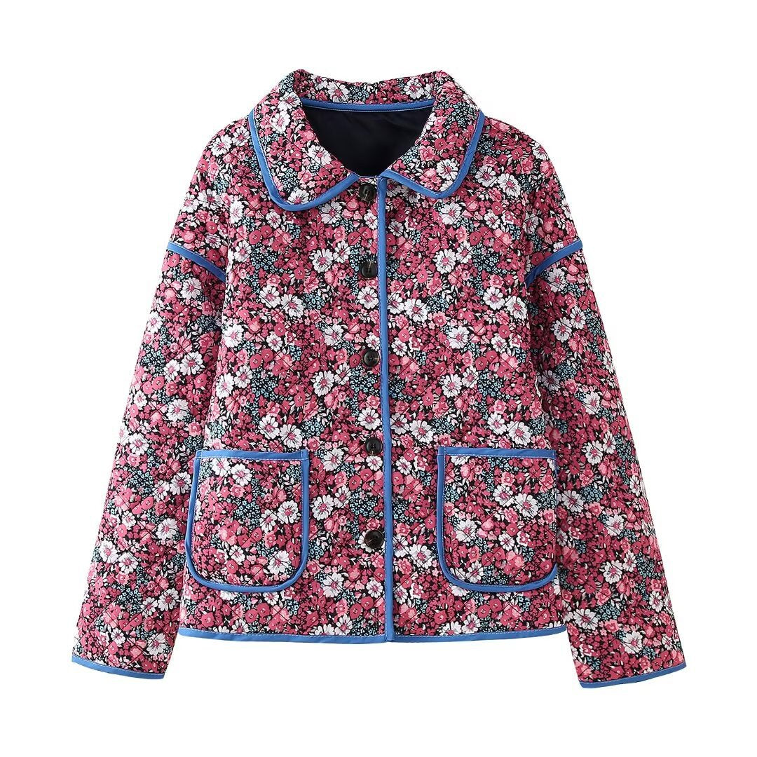Damen gesteppte Blumenjacke mit modernem Kragen und praktischen Taschen Drune