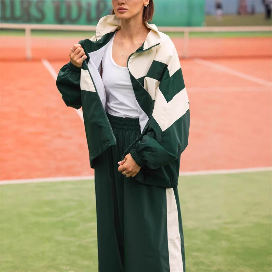 Damen sportlicher Windbreaker-Anzug mit hochgeschlossenem Kragen und trendigen Farbakzenten Drune