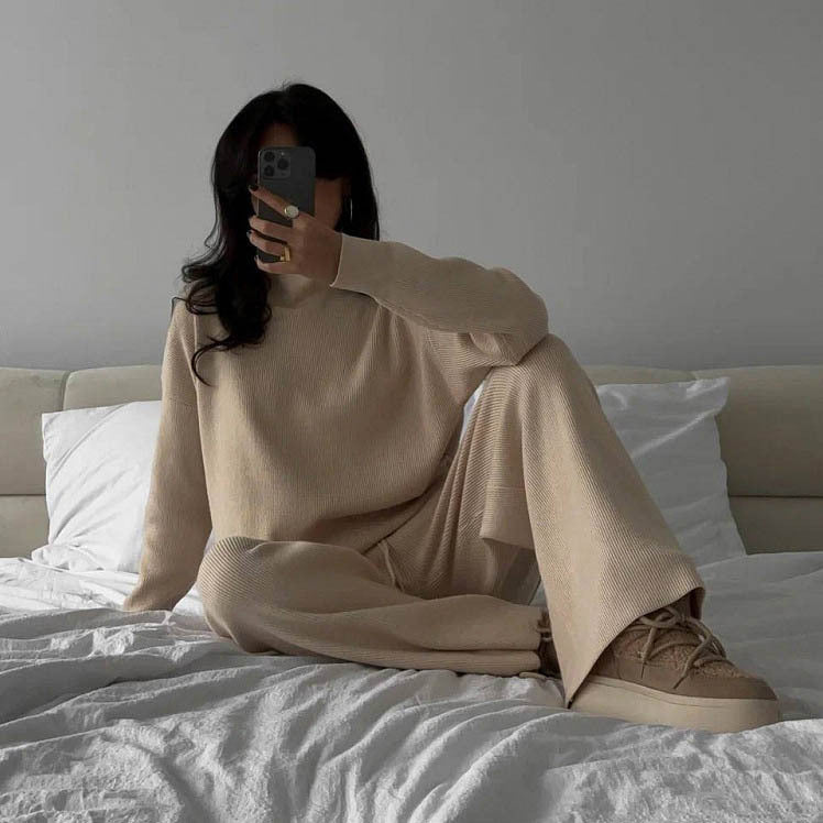 Damen Gemütliches und elegantes Strick-Loungewear-Set mit Rollkragen Drune