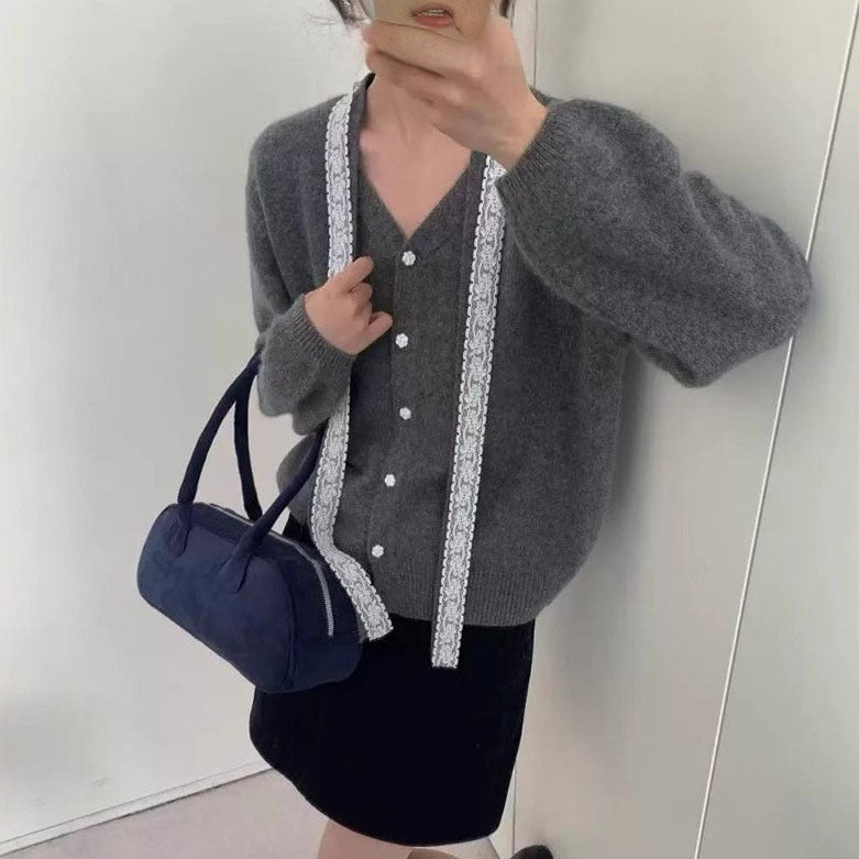 Damen Strickjacke mit dekorativen Spitzen-Details Drune