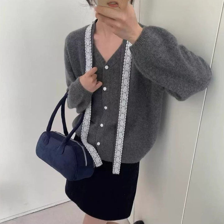 Damen Strickjacke mit dekorativen Spitzen-Details Drune