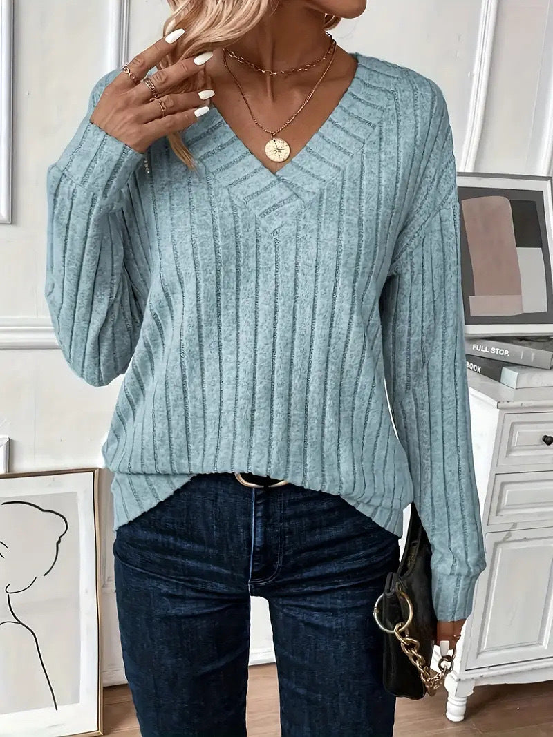 Damen Eleganter V-Ausschnitt Strickpullover mit Rippdesign Drune