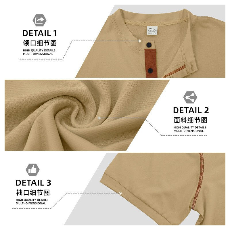 Herren nan kurzärmeliges Henley-Shirt mit Stehkragen, Brusttasche und kontrastierenden Ziernähten Drune