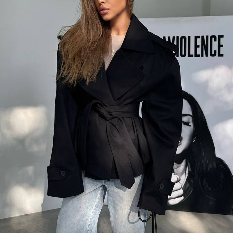 Damen Elegante Trenchcoat mit Taillengürtel und weitem Schnitt Drune