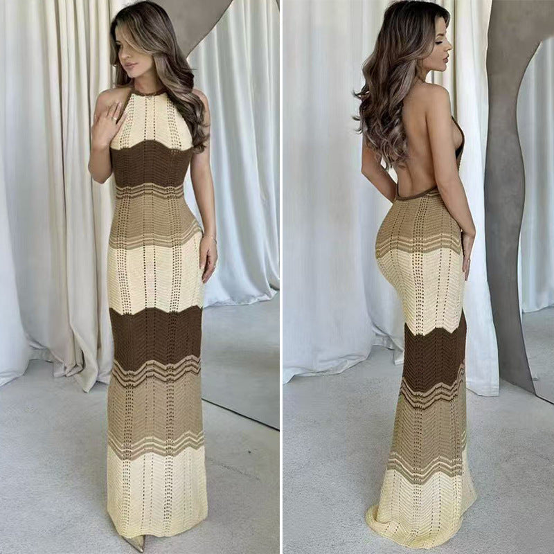 Damen Häkel-Maxikleid mit exklusivem Muster und elegantem Kragen Drune