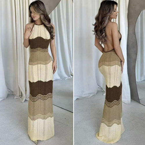 Damen Häkel-Maxikleid mit exklusivem Muster und elegantem Kragen Drune