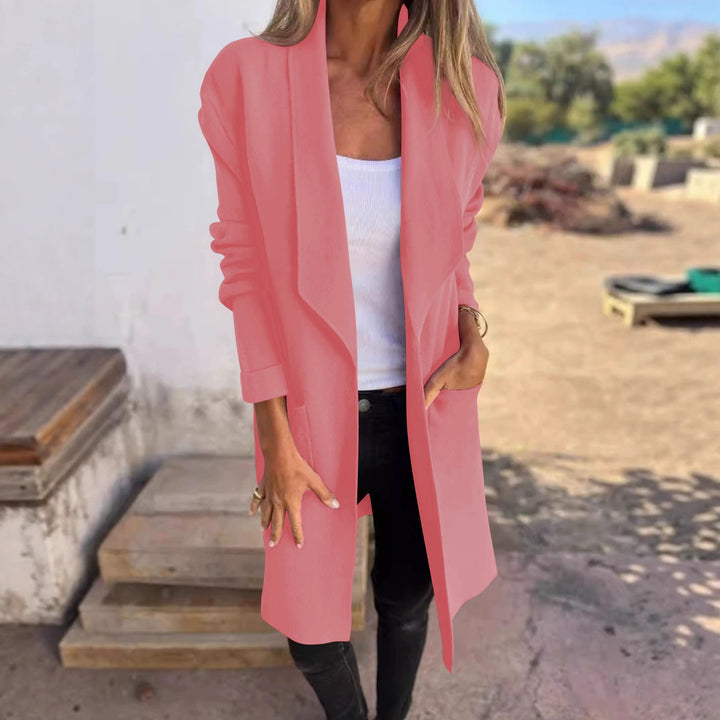 Damen lässiger Oversized-Mantel mit Eingrifftaschen und offenem Kragen Drune