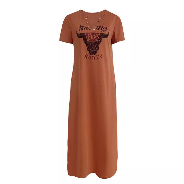 Damen lässiges Maxikleid mit Rundhalsausschnitt und praktischen Taschen Drune