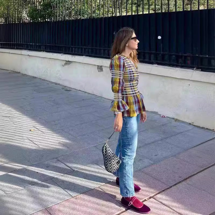 Damen Kleidung mit elastischen Rüschen und floralem Design Drune
