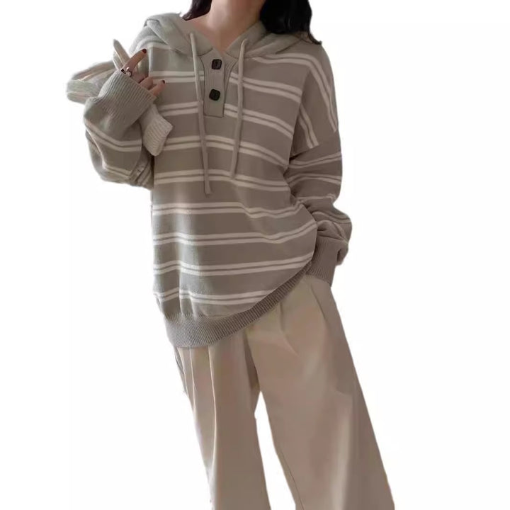 Damen lässiger Streifenpullover mit Knopfleiste und Kapuze Drune
