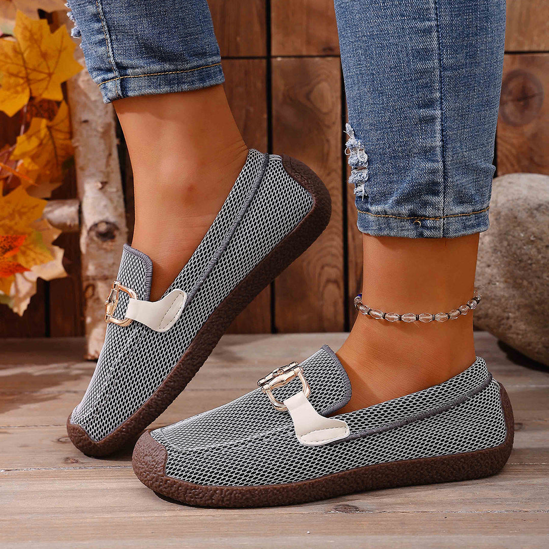 Damen leichte Slip-On Mokassins mit atmungsaktivem Mesh-Obermaterial und modischer Schnallenverzierung Drune