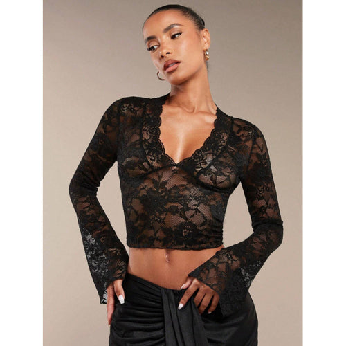 Damen Spitze Bluse mit eleganten Trompetenärmeln und V-Ausschnitt Drune