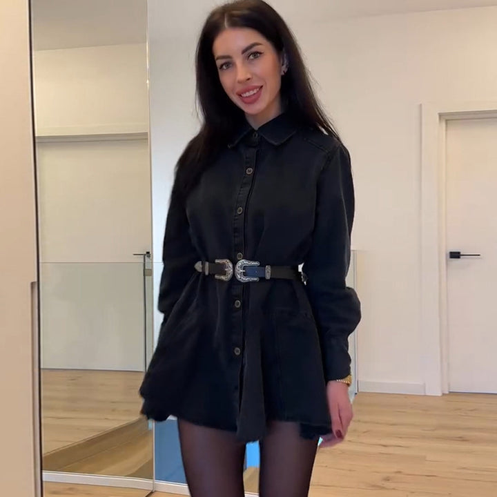 Damen Denim Knopfkleid mit tailliertem Schnitt und Gürtel Drune