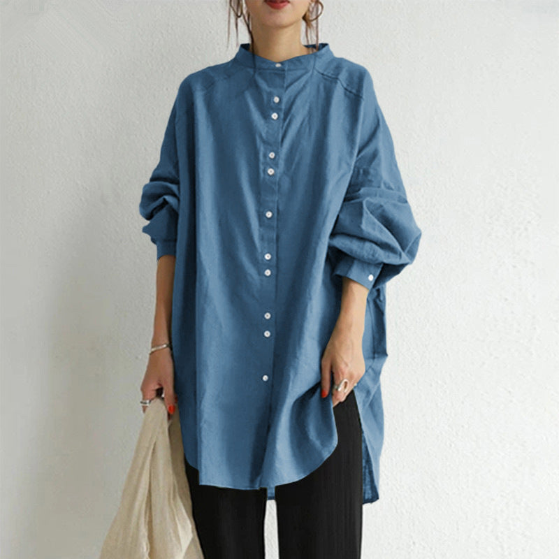 Damen nan lässige Oversize-Tunika-Hemdbluse mit Stehkragen, durchgehender Knopfleiste und seitlichen Schlitzen Drune