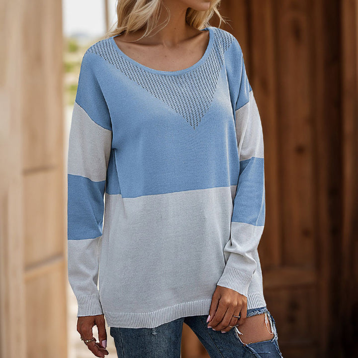 Damen lässiger Strickpullover mit modernem Blockdesign und hohem Rundhals Drune