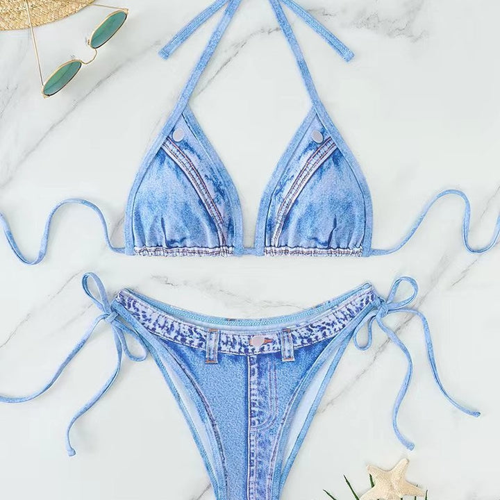 Damen Triangel-Bikini mit Jeans-Optik und geflochtenen Bindebändern Drune