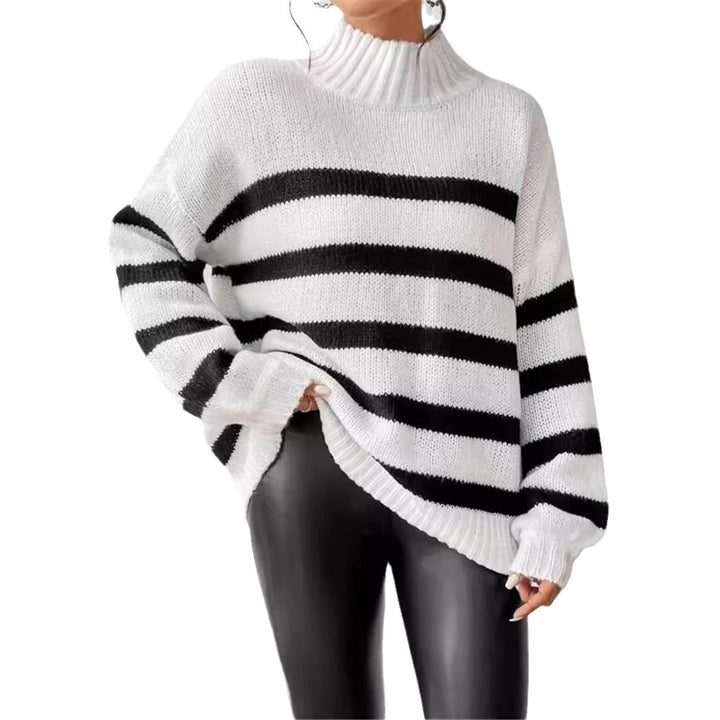 Damen Grobstrickpullover mit modischen Streifen und hohem Kragen Drune