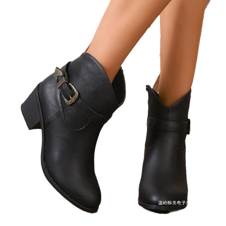 Damen nan Western‑inspirierte Kurzstiefelette mit mittelhohem Blockabsatz, seitlichem Reißverschluss und dekorativer Metallschnalle Drune