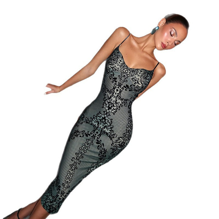 Damen Figurbetontes Kleid mit elegantem Muster und feinen Trägern Drune