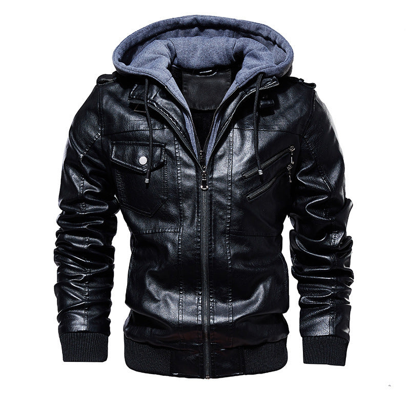 Herren lässige Kunstlederjacke mit abnehmbarer Kapuze und zahlreichen Taschen Drune