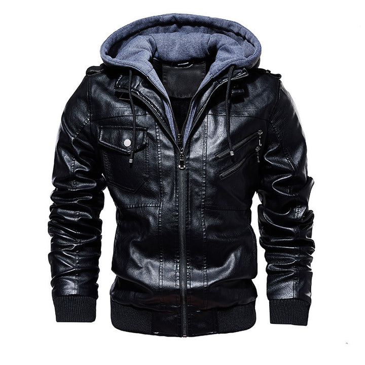 Herren lässige Kunstlederjacke mit abnehmbarer Kapuze und zahlreichen Taschen Drune