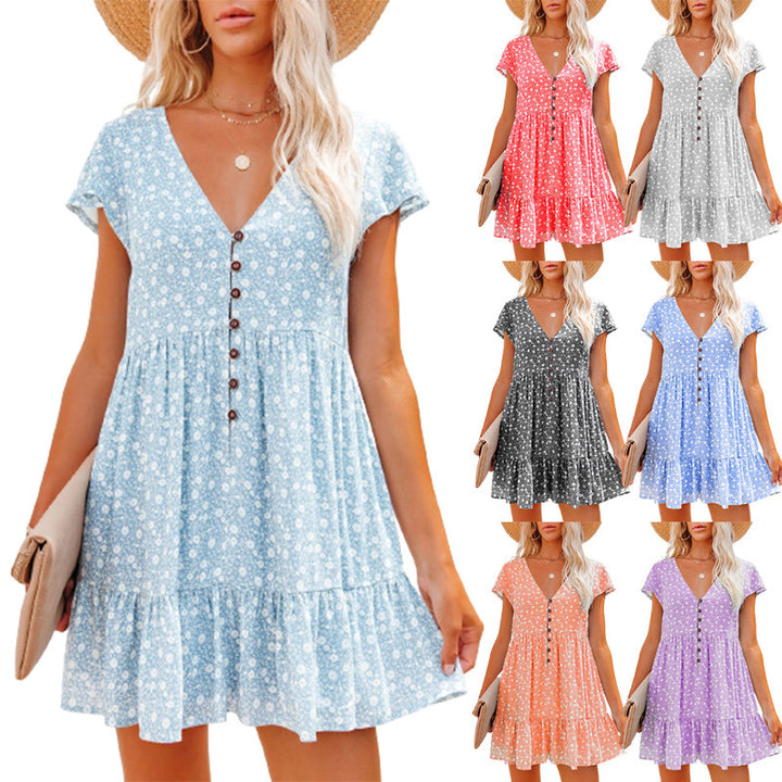 Damen Blümchen Kleid mit Knopfleiste und Volantdetails Drune