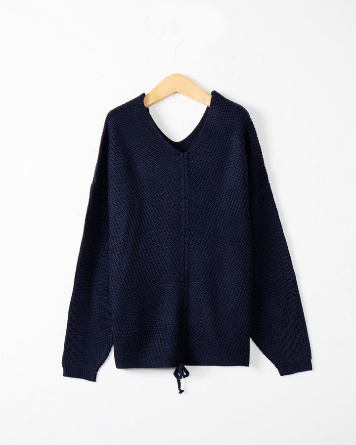 Damen Grobstrick Pullover mit attraktivem V-Ausschnitt und praktischen Kordeldetails Drune
