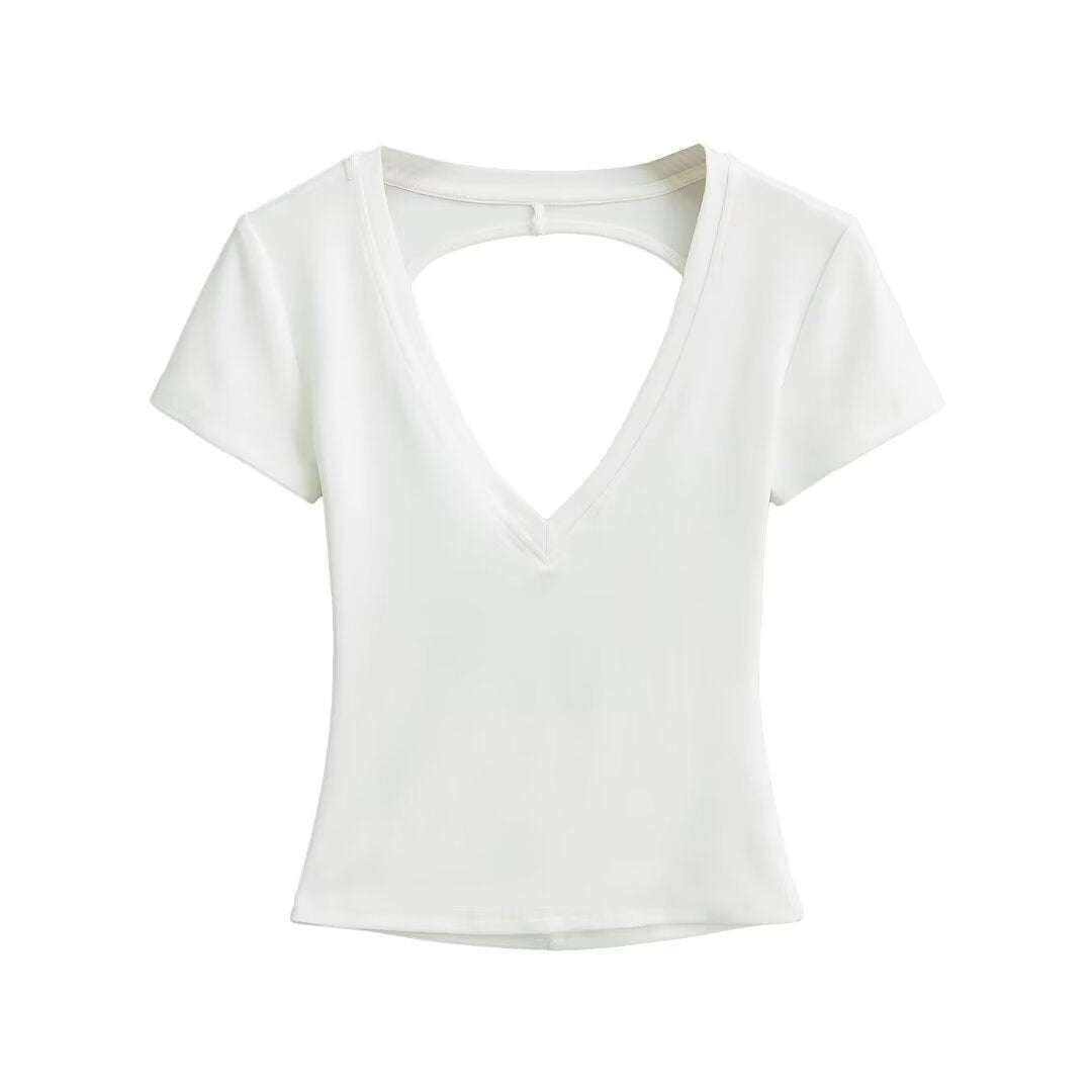 Damen modisches V-Ausschnitt T-Shirt mit offenem Rücken Drune