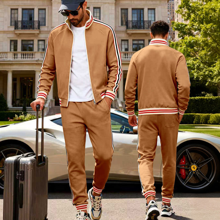 Herren nan sportiver Trainingsanzug mit gestreiften Rippbündchen, Reißverschlussjacke und tapered Jogginghose Drune