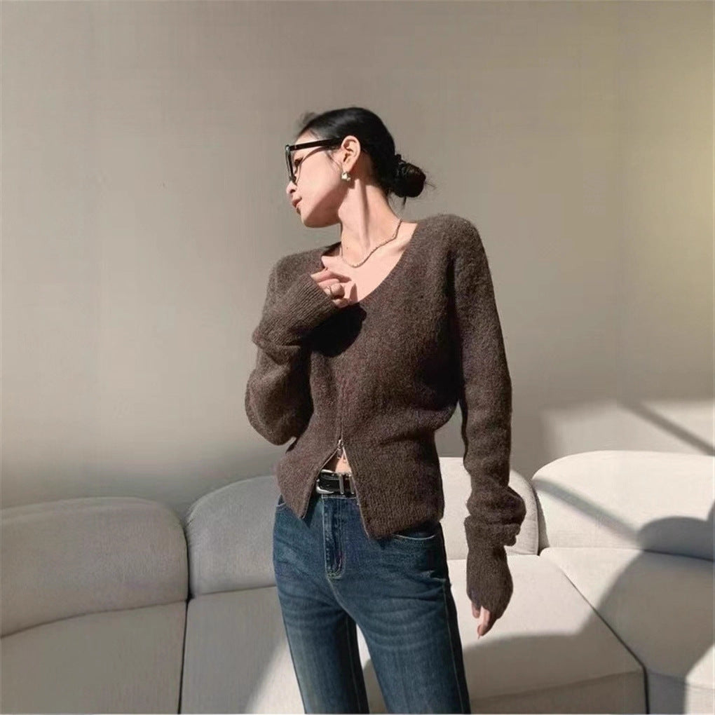 Damen modischer Strickcardigan mit V-Ausschnitt und praktischen Reißverschlüssen Drune