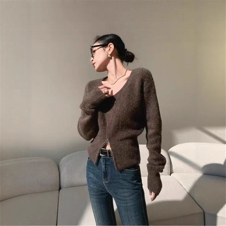 Damen modischer Strickcardigan mit V-Ausschnitt und praktischen Reißverschlüssen Drune