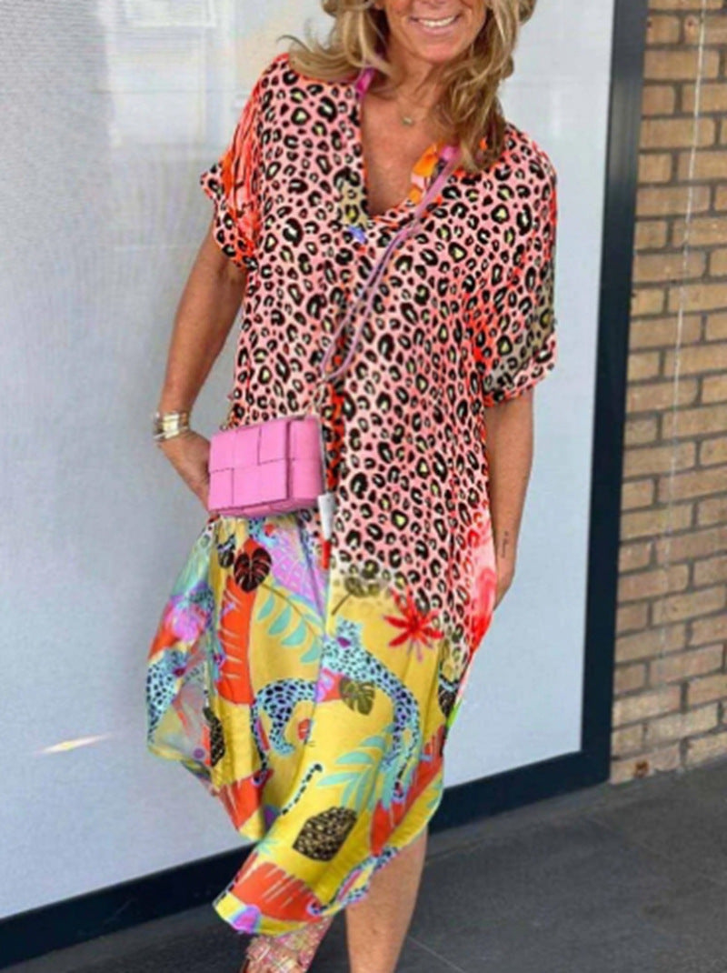 Damen nan weit geschnittenes V-Ausschnitt Midikleid mit Leoparden- und Tropenprint Drune
