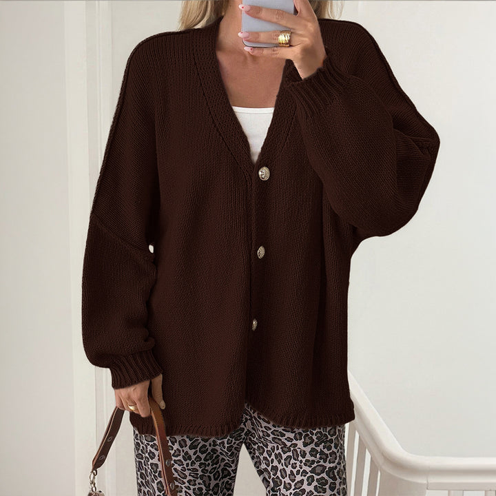 Damen nan Bouclé-Oversize-Cardigan mit tiefem V-Ausschnitt, Kimonoärmeln und goldenen Zierknöpfen Drune