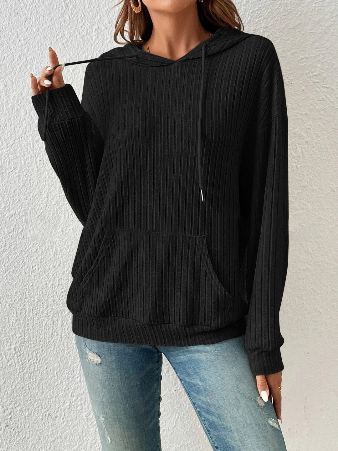 Damen lässiger Kapuzenpullover mit Rippenstruktur und Kängurutasche Drune