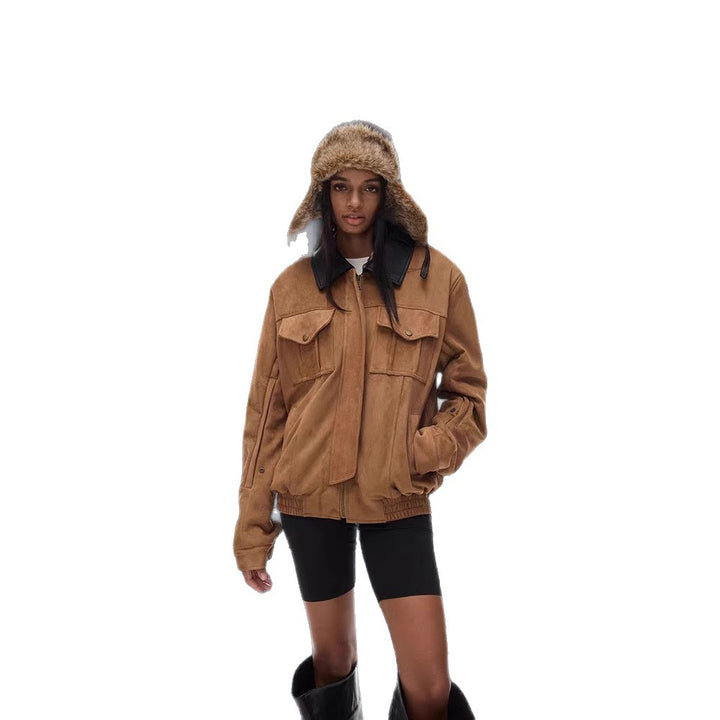 Damen Kunstlederjacke mit abnehmbarer Kapuze und voluminösen Ärmeln Drune