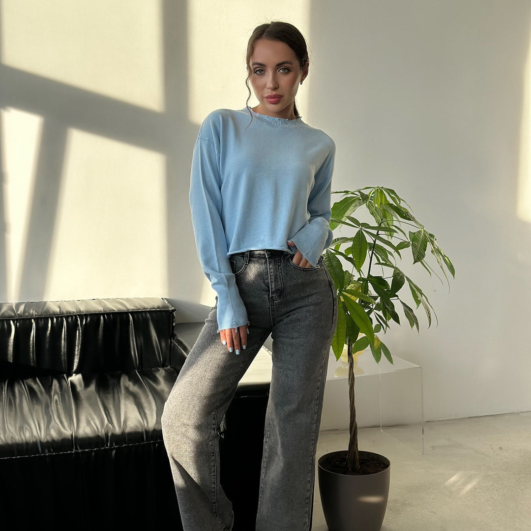 Damen lässiger Pullover mit modernem Rippkragen und trendy Rissdetails Drune