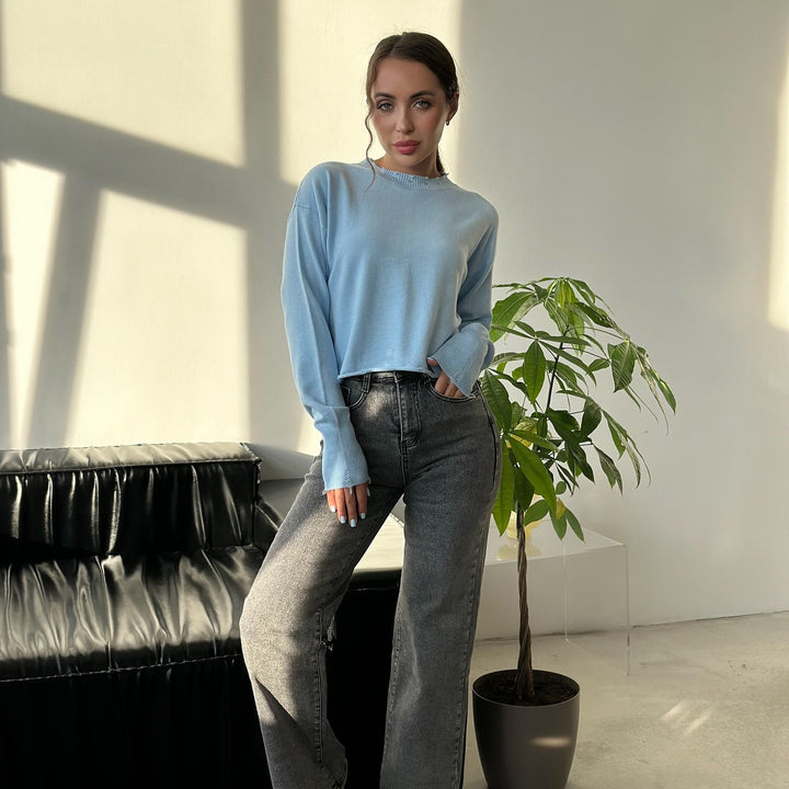 Damen lässiger Pullover mit modernem Rippkragen und trendy Rissdetails Drune