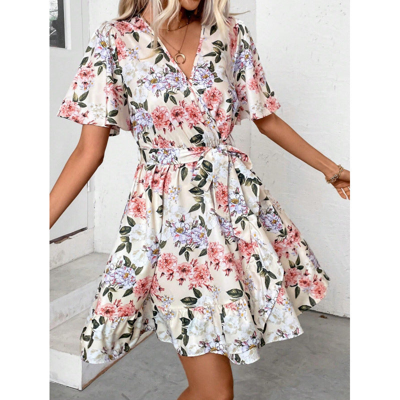 Damen Blumengemustertes Wickelkleid mit Taillengürtel Drune