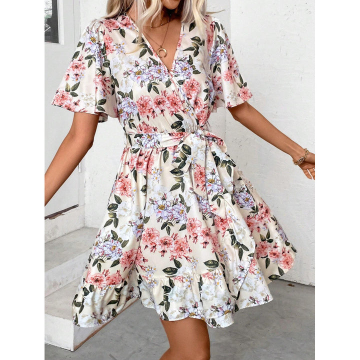 Damen Blumengemustertes Wickelkleid mit Taillengürtel Drune