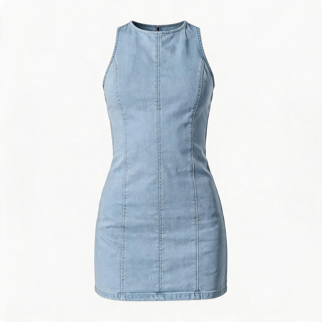 Damen figurbetontes Denim-Kleid mit Seitenschlitzen und hohem Kragen Drune