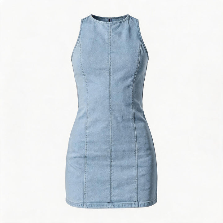 Damen figurbetontes Denim-Kleid mit Seitenschlitzen und hohem Kragen Drune