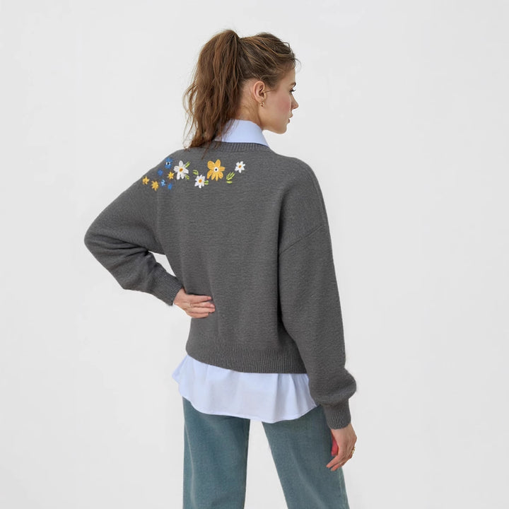 Damen Strickpullover mit floralen Stickereien und lässigem Schnitt Drune