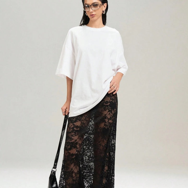 Damen Elegante Spitzenmaxi-Rock mit durchscheinendem Design und seitlichem Schlitz Drune