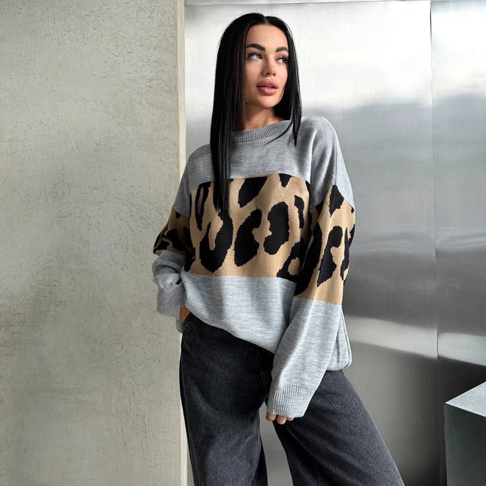 Damen Grobstrickpullover mit modischem Leopardenmuster Drune
