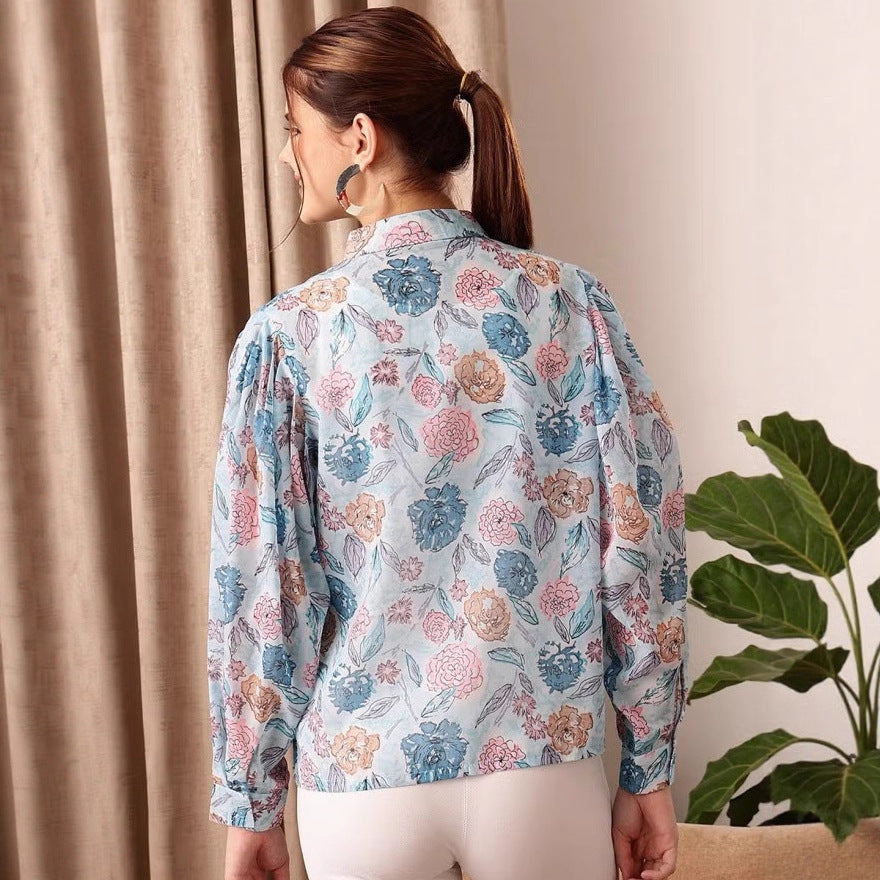 Damen leicht transparente Chiffonjacke mit floralen Motiven und ballonartigen Ärmeln Drune