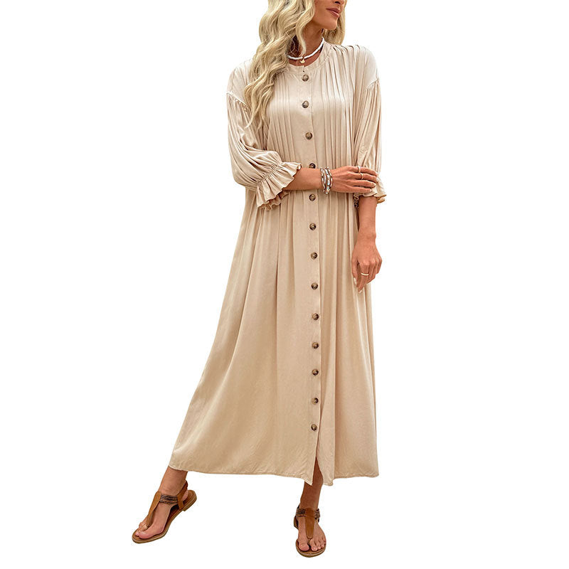 Damen Knielanges Freizeitkleid mit gerafften Ärmeln und durchgehender Knopfleiste Drune
