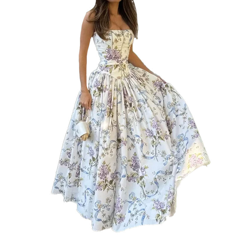 Damen Maxikleid mit floralen Mustern und gerafftem Oberteil Drune