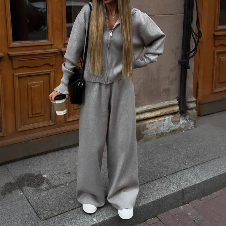 Damen nan gestricktes Loungewear-Zweiteiler mit kurzem Reißverschluss-Cardigan und weitem Highwaist-Hosenbein Drune